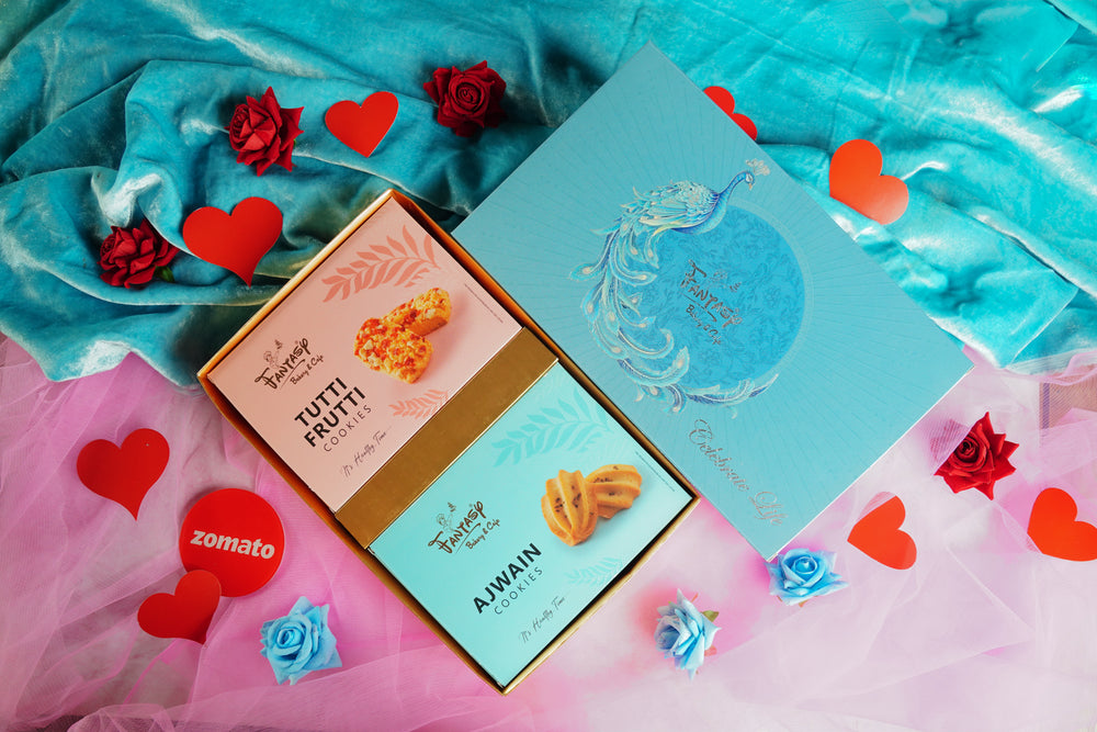 Ajwain & Tutti Frutti Cookies in a Peacock Gift Box