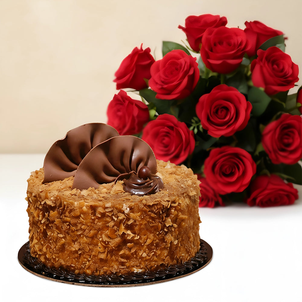 Caramel Silk Chocolate with bunch of Red Roses