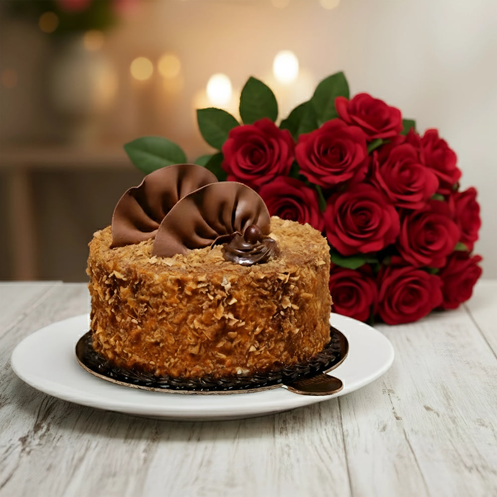 Caramel Silk Chocolate with bunch of Red Roses