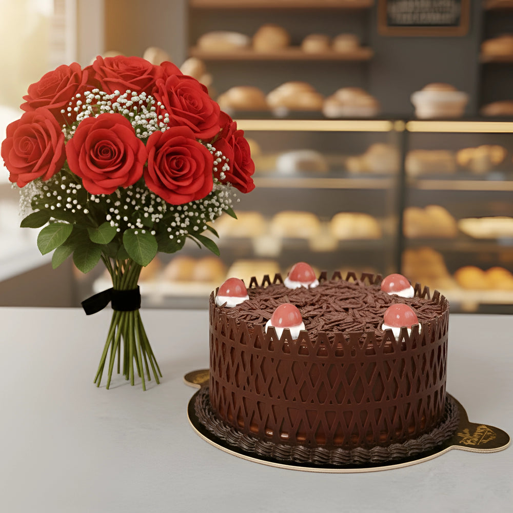 Black Forest Cake with Red Roses Bunch