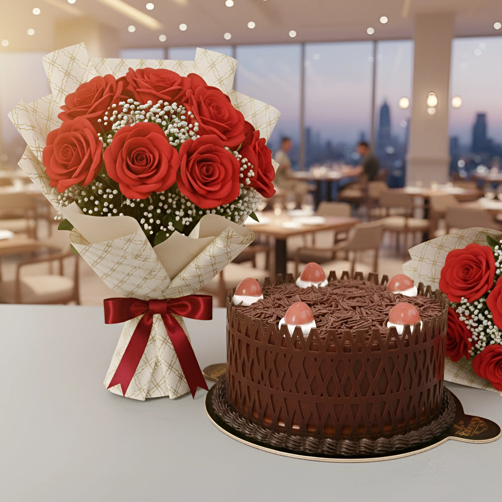 Black Forest Cake with Red Roses Bunch