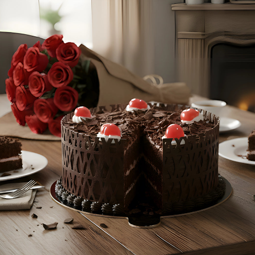 Black Forest Cake with Red Roses Bunch