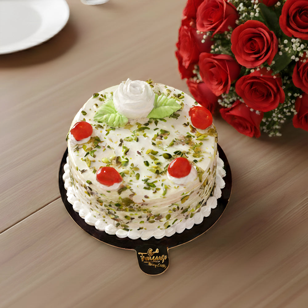 Rabri Almond Cake with Red Roses Bouquet