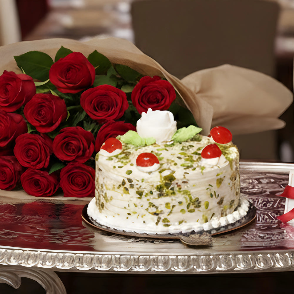Rabri Almond Cake with Red Roses Bouquet