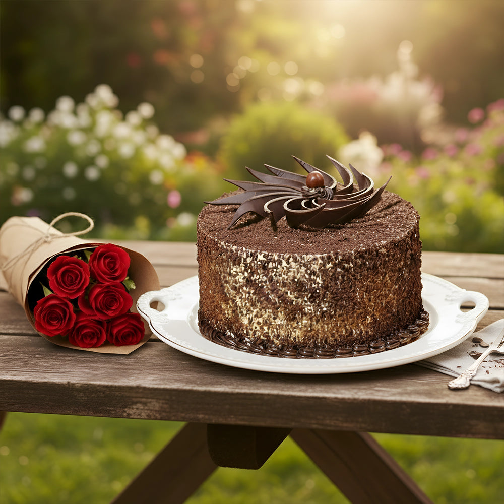 Death By Chocolate Cake with bunch of Red Roses