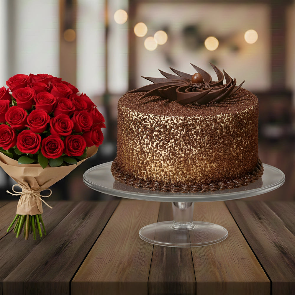 Death By Chocolate Cake with bunch of Red Roses