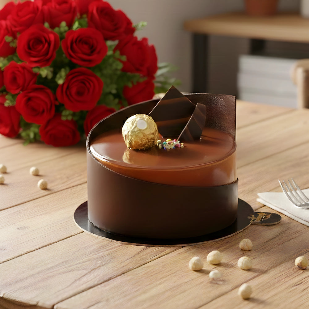 Ferrero Rocher Cake with Red Roses Bunch