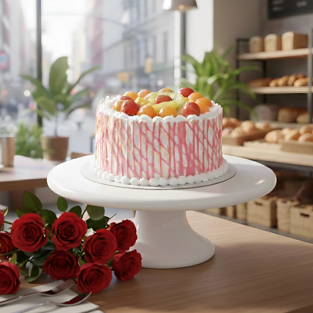 Fresh Mixed Fruit Cake with Red Roses Bunch