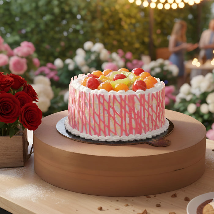 Fresh Mixed Fruit Cake with Red Roses - Fantasy Bakery