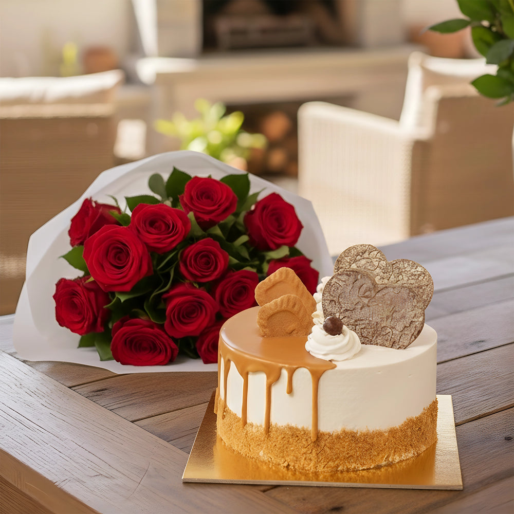 Biscoff Chocolate Cake with Red Roses Bunch
