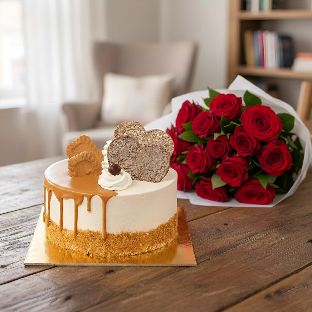 Biscoff Chocolate Cake with Red Roses Bunch