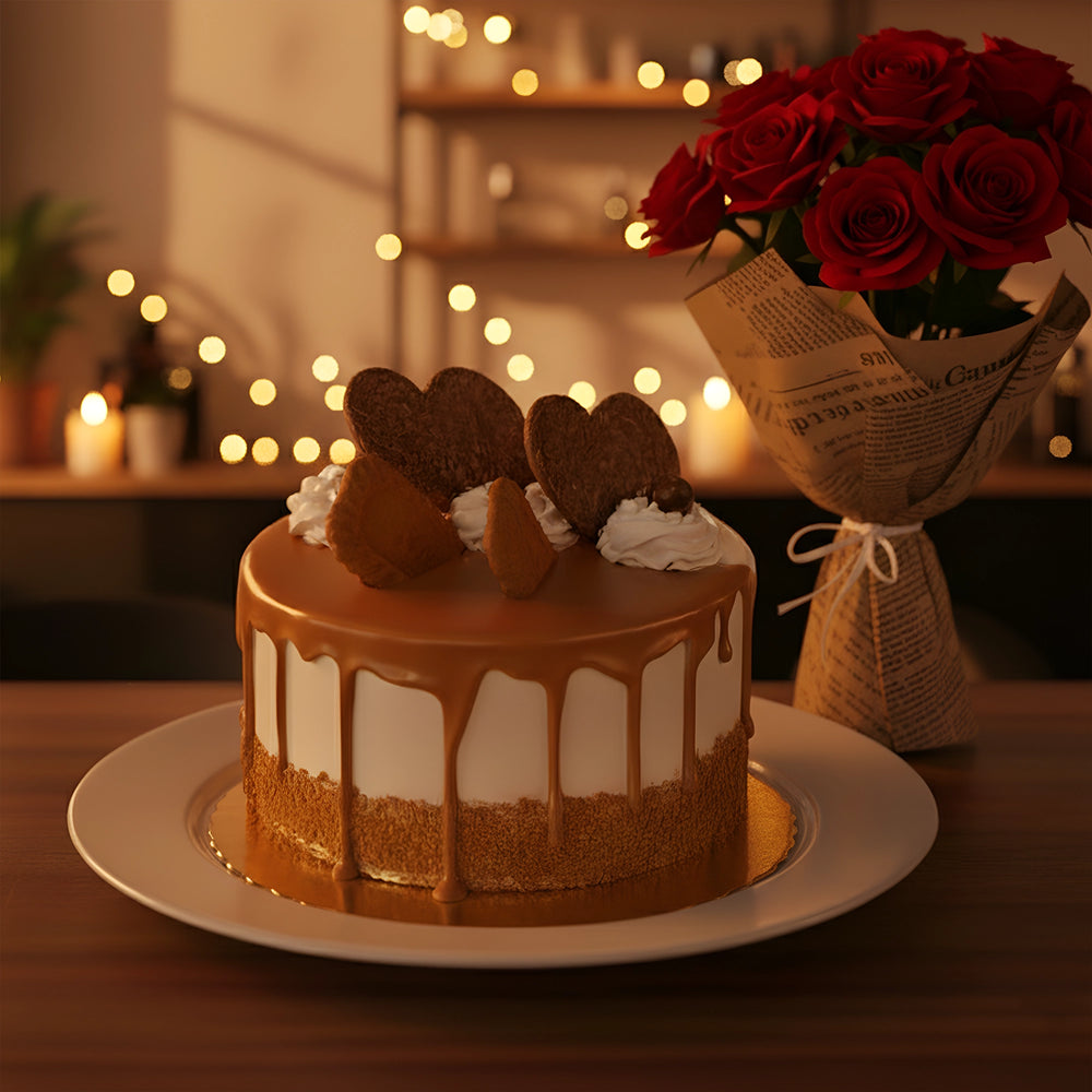 Biscoff Chocolate Cake with Red Roses Bunch
