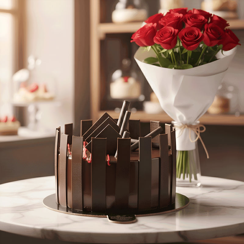 Chocolate Brownie Cake with Red Roses Bunch