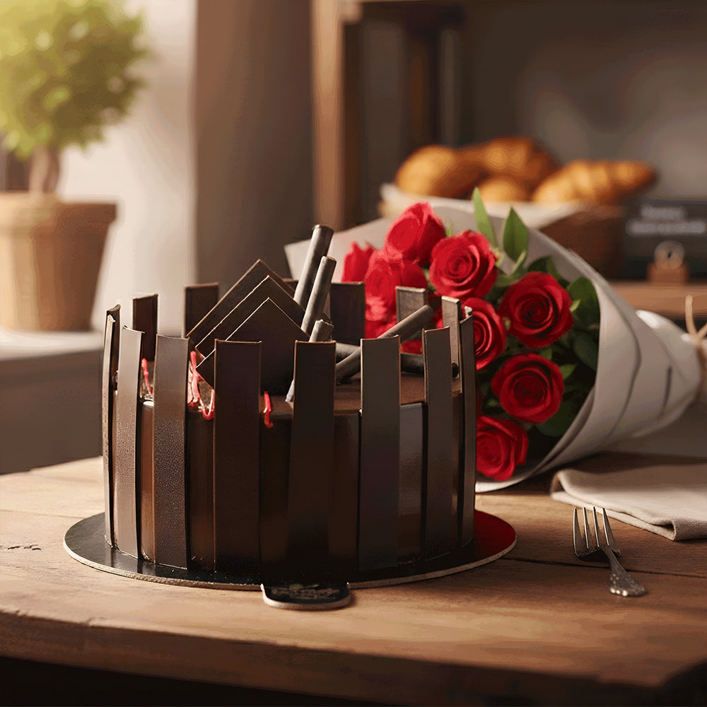 Chocolate Brownie Cake with Red Roses  Bunch