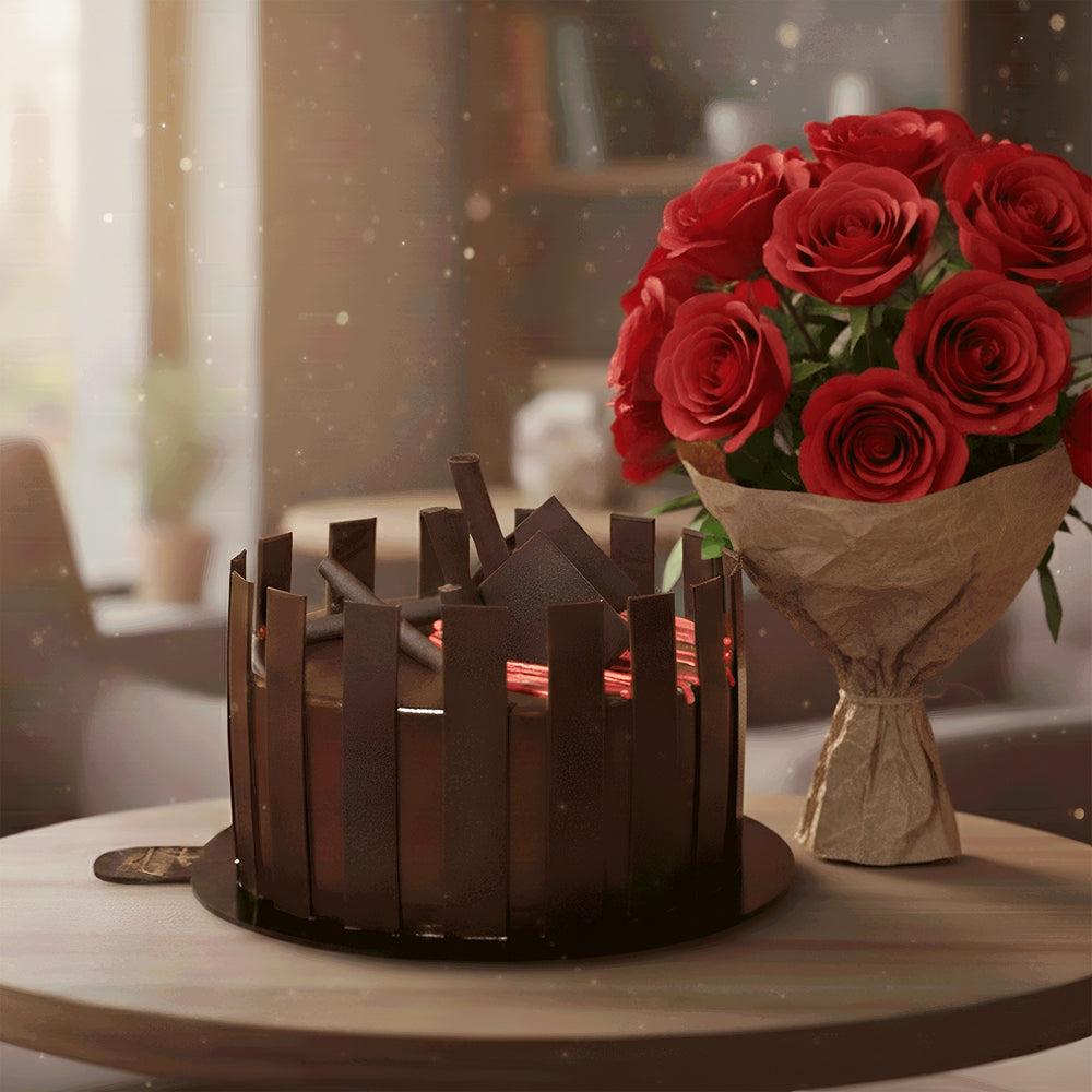 Chocolate Brownie Cake with Red Roses  Bunch