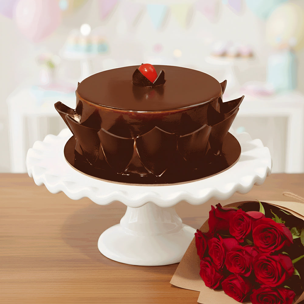 Chocolate Truffle Cake with Bunch of Red Roses