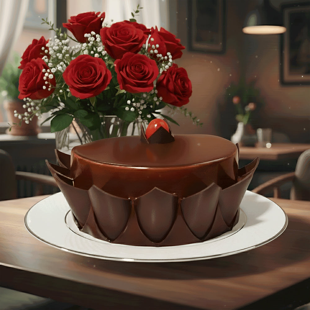 Chocolate Truffle Cake with Bunch of Red Roses