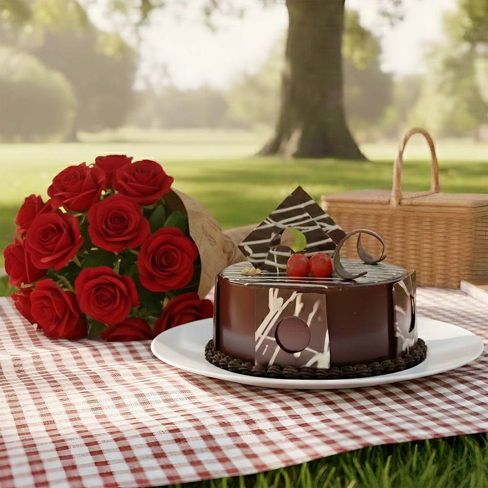 Chocolate Cake With Bunch Of Red Roses
