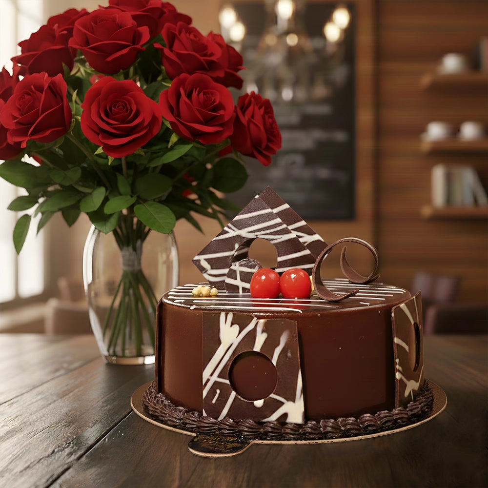 Chocolate Cake With Bunch Of Red Roses