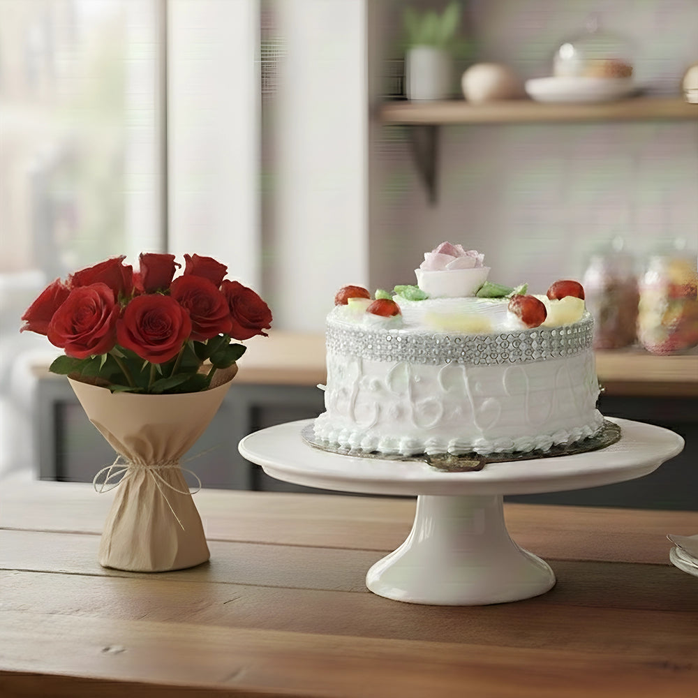 Pineapple Cake With Bunch Of Red Roses