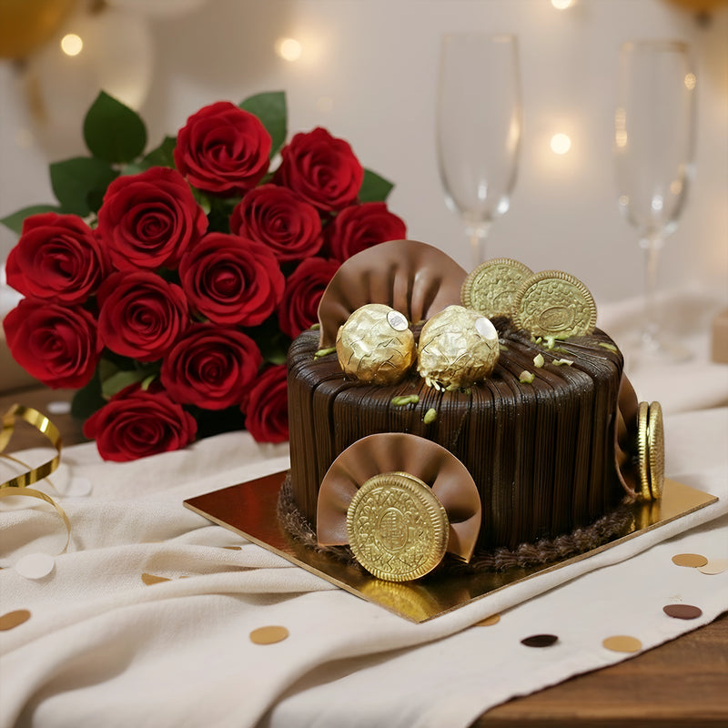 Ferrero Rocher Truffle Cake with Red Roses Bunch