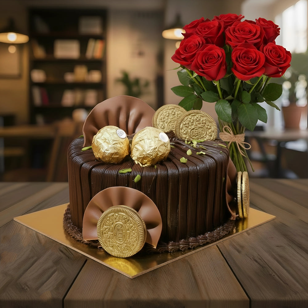 Ferrero Rocher Truffle Cake with Red Roses Bunch