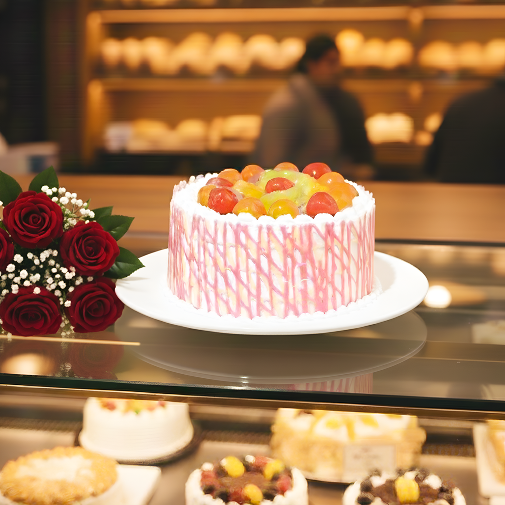Fresh Mixed Fruit Cake with Red Roses Bunch